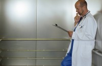 Mature male doctor in lift, looking at clipboard, side view